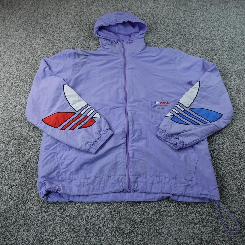 Adidas Jacket Mens M Purple Blue Trefoil Hooded Full Zip Windbreaker Track Coat